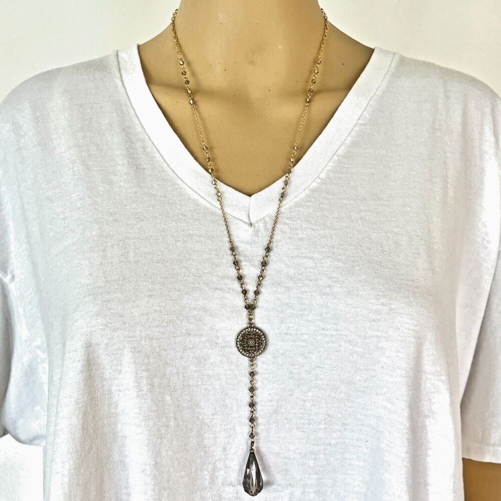 Gold Tone Y-Drop Necklace Figure 8 Chain AB Iridized Purple Bicone Beads